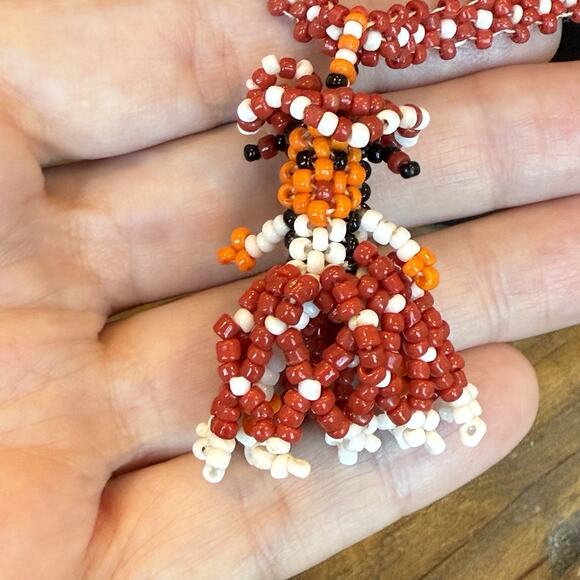 Vintage Mexican Pendant Necklace Red White Folk Art Beadwork Ethnic Jewelry 24" - Picture 5 of 9